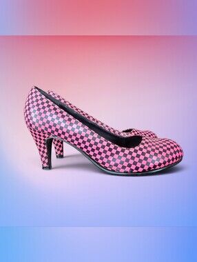 T.U.K. Checkered Hot Pink and Black Mid Heel Pumps - Women's Stylish Dress Shoes